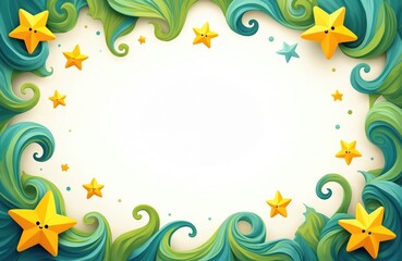 Whimsical frame design featuring yellow stars, green swirls. Perfect for children artwork, invitations. Playful colors create cheerful atmosphere. Decorative art elements with hand-drawn style.