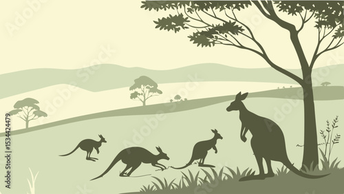 Kangaroo Family Silhouette in Australian Outback Nature Landscape Wildlife Illustration Vector