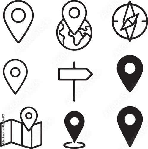 Location and Navigation Icons Set: Map Pins, Compass, Signpost, and Global Positioning
