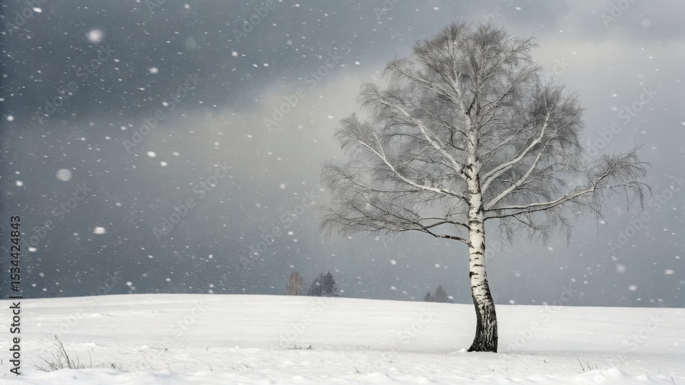 Fototapeta premium Solitary birch tree in a snowstorm winter landscape