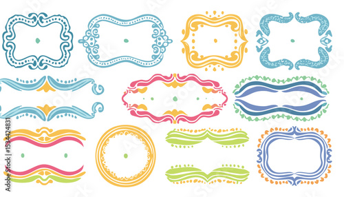 Collection of hand drawn colorful wavy frames different shapes. Summer decorative frames. Modern trendy borders for wedding invitation, birthday card, social media template. Vector illustration.doodle