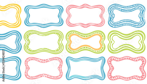 Collection of hand drawn colorful wavy frames different shapes. Summer decorative frames. Modern trendy borders for wedding invitation, birthday card, social media template. Vector illustration.doodle