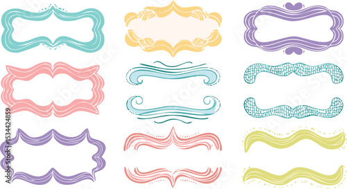 Collection of hand drawn colorful wavy frames different shapes. Summer decorative frames. Modern trendy borders for wedding invitation, birthday card, social media template. Vector illustration.doodle