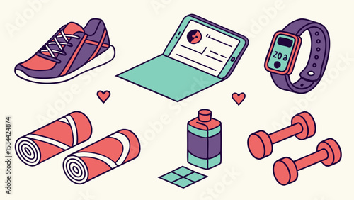Sport and Fitness Equipment Isometric Illustration Healthy Lifestyle Home Workout and Wellness Technology