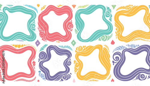 Collection of hand drawn colorful wavy frames different shapes. Summer decorative frames. Modern trendy borders for wedding invitation, birthday card, social media template. Vector illustration.doodle