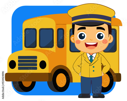 Cheerful Hipster School Bus Driver Standing by Yellow Bus - Smiling Caucasian Driver in Uniform Cartoon Vector Illustration 