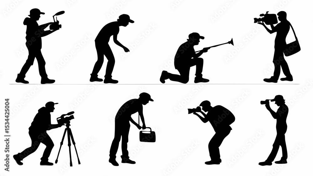 Obraz premium Silhouettes of people with cameras, filming, photography, videography, media production set.