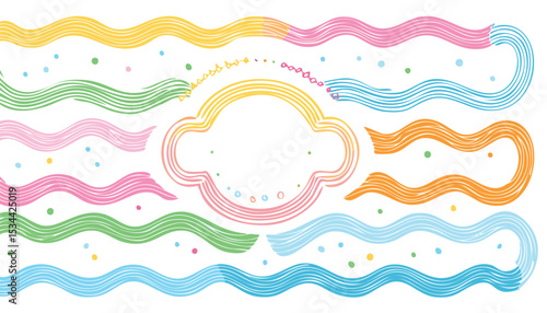 Collection of hand drawn colorful wavy frames different shapes. Summer decorative frames. Modern trendy borders for wedding invitation, birthday card, social media template. Vector illustration.doodle