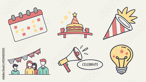 Celebration party event icons set flat design line art calendar cake people megaphone lightbulb party popper bunting