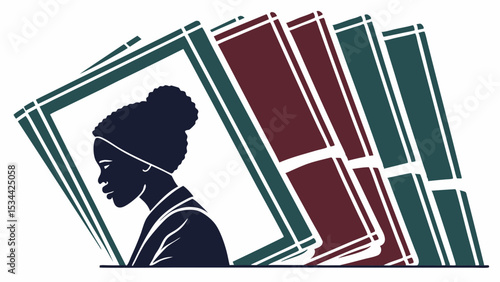 Black woman female profile silhouette with books education learning knowledge study reading library African American student.