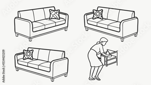 Simple line art illustration of home furniture assembly with sofas and woman
