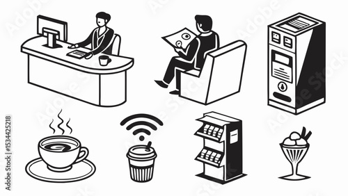 Isometric line art icons business people working relaxing coffee wifi vending machine retail display dessert collection