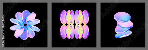 3d glass futuristic poster. Circle holographic gradient shape on black background. Geometric technology abstract pattern. Pink blue iridescent glass round element. Vector render illustration