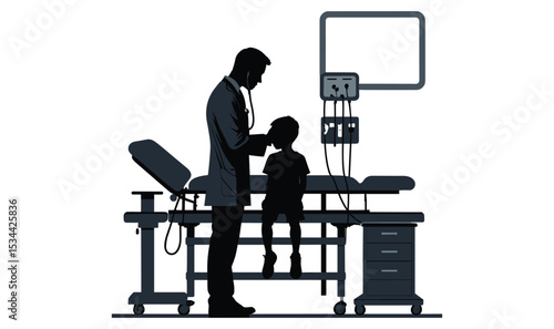 Doctor Examining A Child Silhouette In Clinic Examination Room