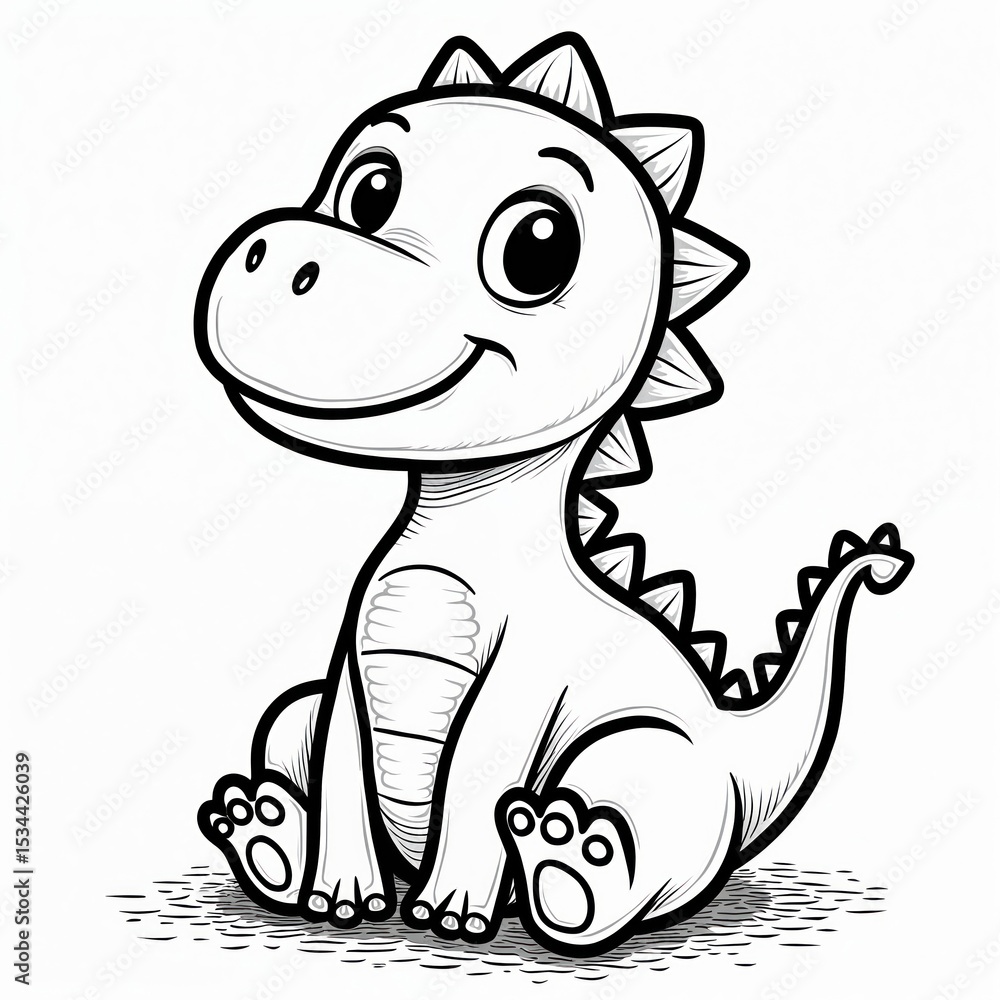 Fototapeta premium Adorable cartoon dinosaur coloring page illustration. Smiling, cute, playful prehistoric animal character. Outline drawing for children. Fun creative graphic design.