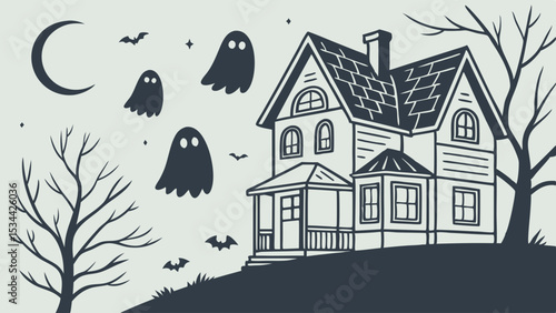 Spooky Halloween haunted house illustration with flying ghosts bats crescent moon and bare trees vector art for holiday design