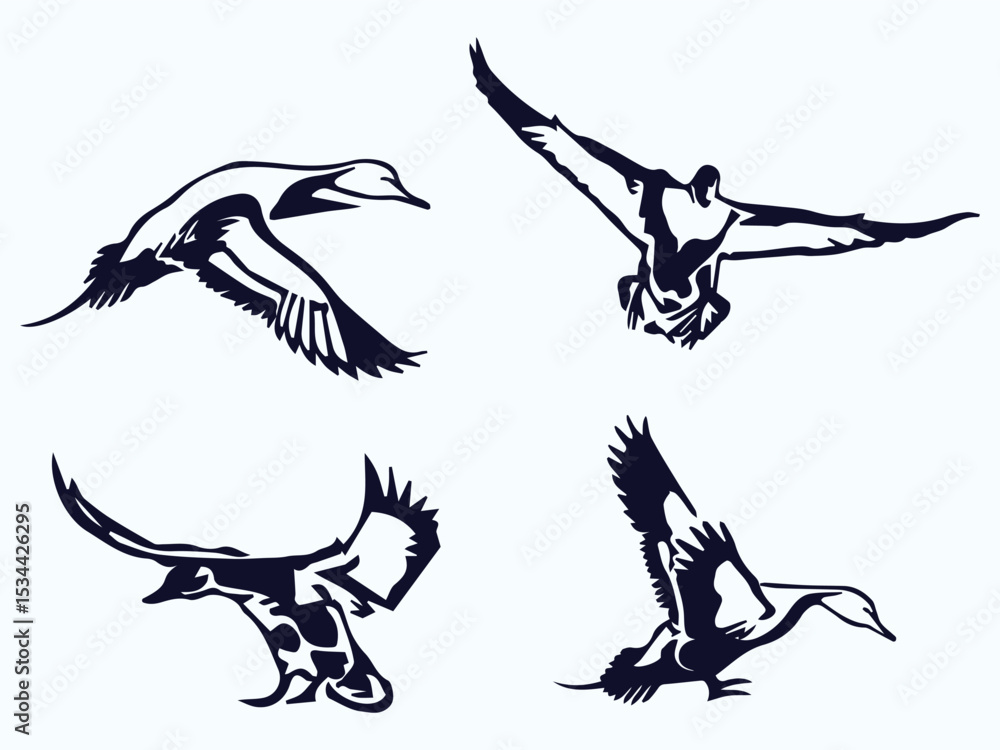 Obraz premium flying duck vector illustration, collection of flying duck silhouette on white background graphic art