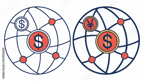 Global Finance International Business Economy Network Illustration with Dollar and Yen Currency Symbols