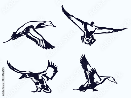 flying duck vector illustration, collection of flying duck silhouette on white background graphic art