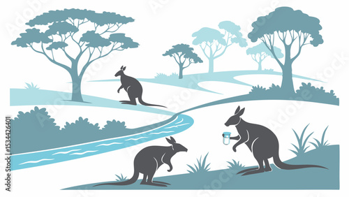 Kangaroos in Australian Outback Landscape with River and Trees Vector Illustration