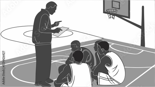 Basketball coach and team huddle on court, strategy session, sports training, communication, teamwork