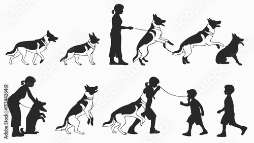 German Shepherd Dog Training and Handling Black White Silhouette Illustrations People Kids