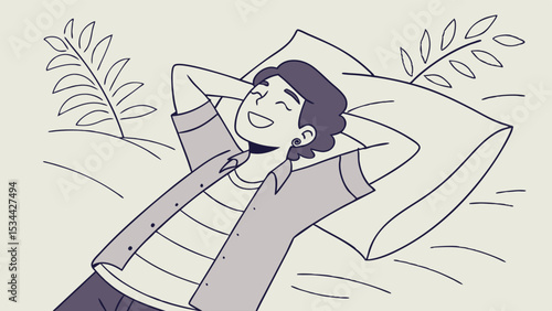 Illustration of happy man relaxing outdoors. Peaceful young person resting on pillow in nature. Summer leisure, freedom, comfort.