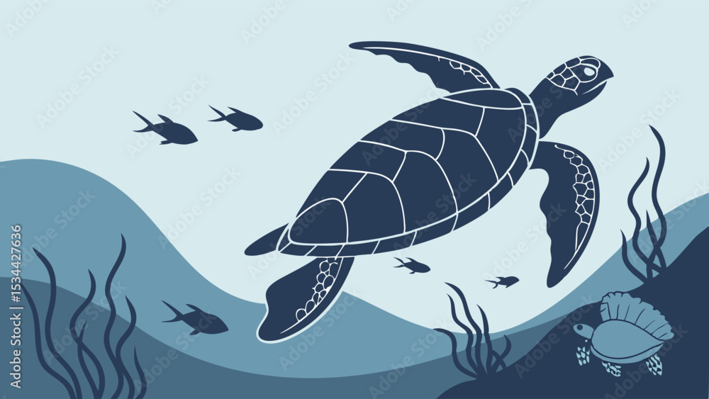 Naklejka premium Underwater ocean scene with sea turtle swimming and fish marine life nature wildlife blue flat illustration