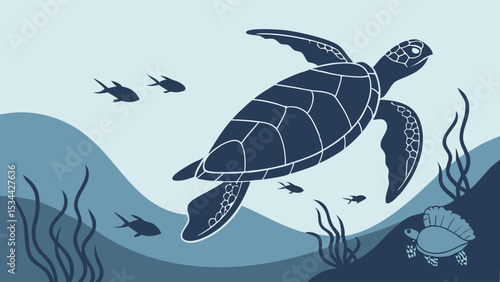 Underwater ocean scene with sea turtle swimming and fish marine life nature wildlife blue flat illustration