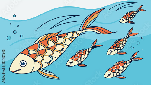 Colorful cartoon illustration of fish school swimming underwater leader and followers