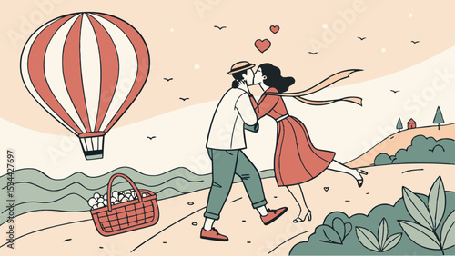 Romantic couple kissing outdoors near hot air balloon and picnic basket, love, happiness, travel.