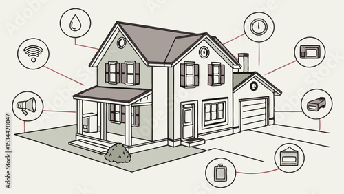 Smart Home Security System Technology Automation Icons Around Connected House Illustration