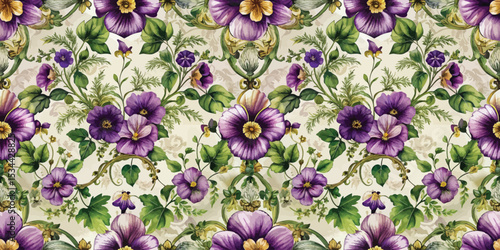 Vibrant floral pattern featuring purple and gold flowers with lush greenery.