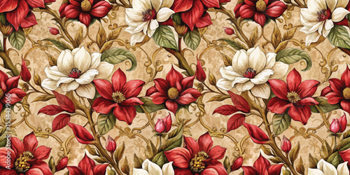 Vibrant floral pattern featuring red and white flowers on a textured golden background.