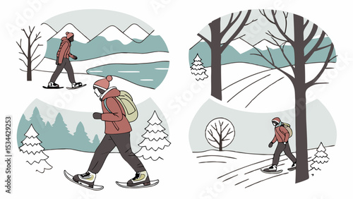 People snowshoeing in winter landscape. Hiking trekking on snowshoes in snowy nature mountains forest. Outdoor activity.