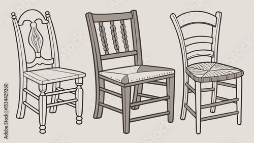 Set of three different vintage wood chairs illustration drawing sketch furniture home decor interior design classic antique style object collection variety