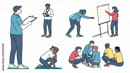 Simple Flat Illustration Business Team Training Collaboration and Challenge Scenes