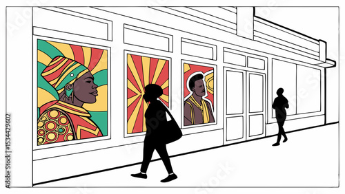 People walking past storefront windows displaying vibrant colorful pop art portraits on an urban street