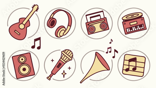Music and audio icons flat design illustration set with musical instruments equipment and notes symbols