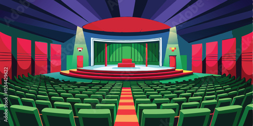 Illustration depicting an empty theater auditorium with stage and green seating arrangement