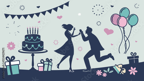 Romantic couple engagement proposal silhouette illustration with cake balloons gifts celebration party banner hearts confetti