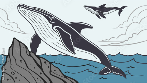 Graphic Illustration of a Breaching Humpback Whale. Ocean Marine Life Animal Jumping From Water Near Rock. Nature Wildlife Drawing Simple Style.