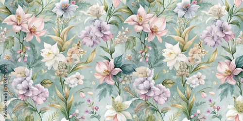 Beautiful floral pattern with pastel-colored blossoms and lush greenery.