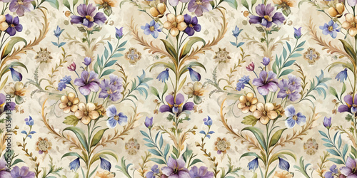 Beautiful vintage floral pattern with purple and beige hues.