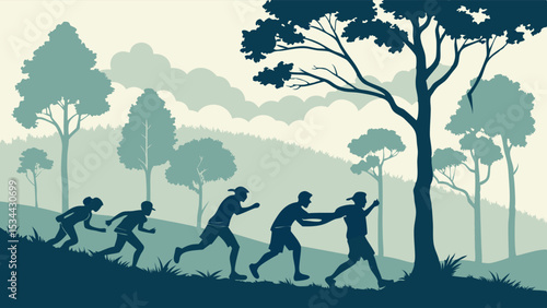 Outdoor Group Running Uphill Nature Teamwork Support Illustration