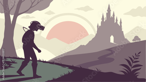 Man in VR headset walking towards fantasy digital world escape journey illustration.
