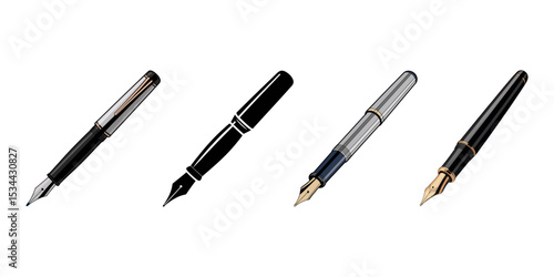 set of pens isolated on white background, Fountain pen clipart. Simple fountain writing pen watercolor style vector illustration isolated on white. Golden, blue fountain pen cartoon hand drawn doodle 