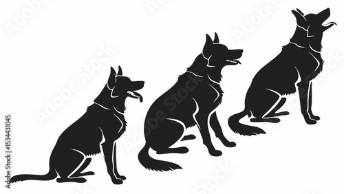 Black German Shepherd dog silhouettes set sitting alert barking vector illustration isolated on white