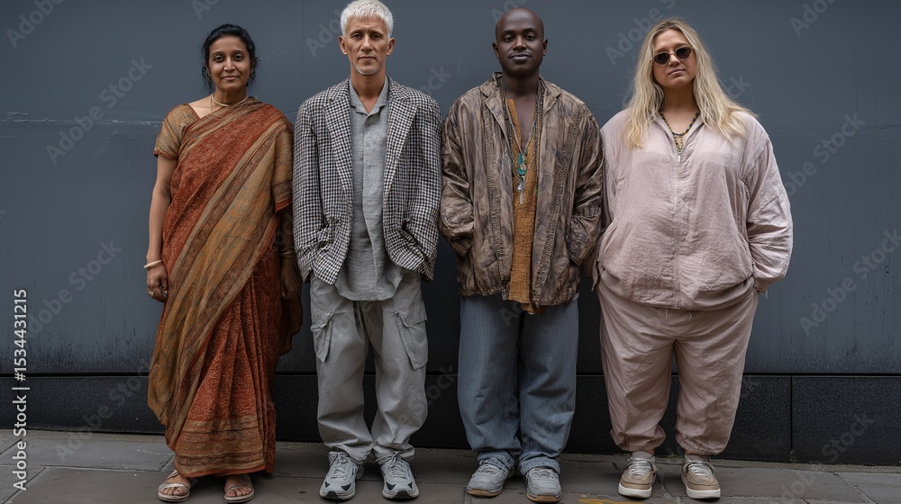 Naklejka premium Diverse Group Posing: Capturing the essence of diversity, four people from different backgrounds stand side-by-side against a modern wall, embodying a spirit of togetherness and strength.