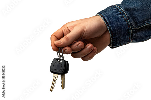 A man's hand holding car keys against a solid black background in studio